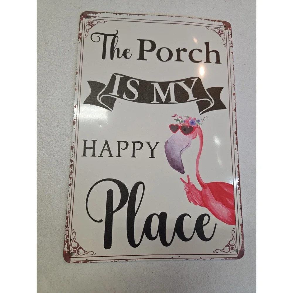 The Porch Is My Happy Place Flamingo 8x12 Rustic-looking Metal Sign‎